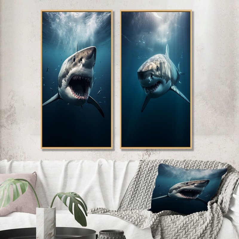 Requin bleu apex photo prédateur - ensemble de 2 décorations murales requin, H 28 po x l 25 po, Encadrement brun