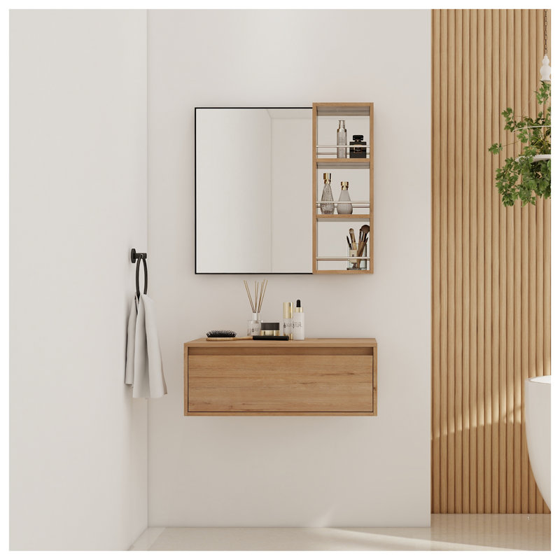 Meuble-lavabo mural avec miroir, unité de rangement pour salle de bain imitation chêne