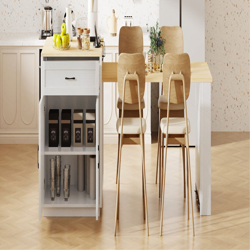 Îlot de cuisine de 82,7 po avec table de salle à manger extensible pour 4 à 6 personnes, table de cuisine bicolore avec rangement double, prise de courant, îlot de cuisine avec rangement 2 tiroirs et 2 tablettes latérales ouvertes
