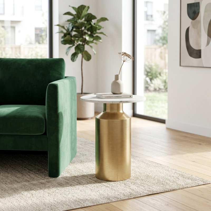 22" Gold Iron & White Marble Cylindrical Accent Table for Home & Office