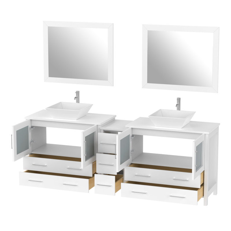  Wooden 84" Freestanding Double Sink Bathroom Vanity with Engineered Marble Top and Matching Mirrors, White