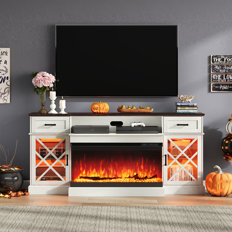 Alvilda 70" Farmhouse LED Fireplace Tv Stand With 3-sided Glass Fireplace,Glass Door Storage,White, White