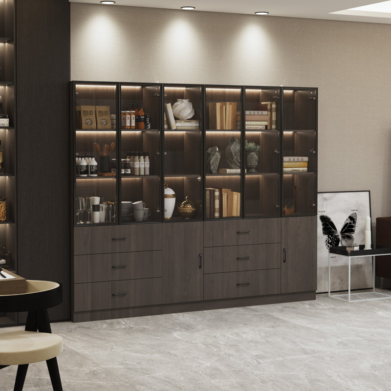 Modern Aluminum Frame Bookcase Set With Tempered Glass Doors, 3-Color LED Lighting, And Storage Drawers