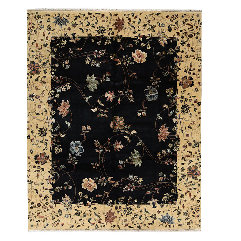 Tapis noir de haute qualité noué à la main, Rectangle 8 pi 2 po x 10 pi 2 po