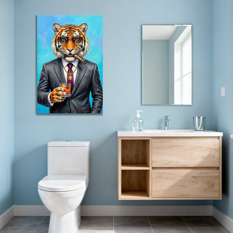 Animaux, tigre en costume avec cigare et boisson, H 18 po x l 12 po