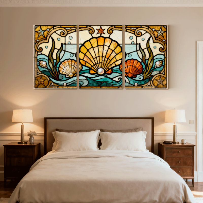 Ensemble de 3 impressions sur toile Strain Glass Sea Shell and Starfish, H 18 po x l 36 po