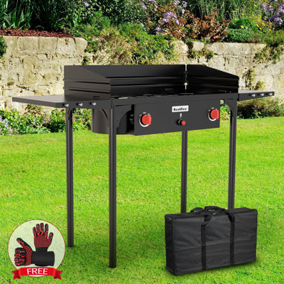2 Burner Camping Stove Auto Ignition Button Windpanel& Side Shelves, Bag 150,000 BTU Camping Stove Propane Burner With Removable Legs for Outdoor BBQ