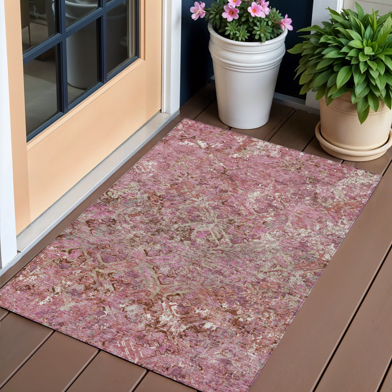 Tapis intérieur / extérieur 3 pi x 5 pi rose à motif géométrique lavable rosé et mauve