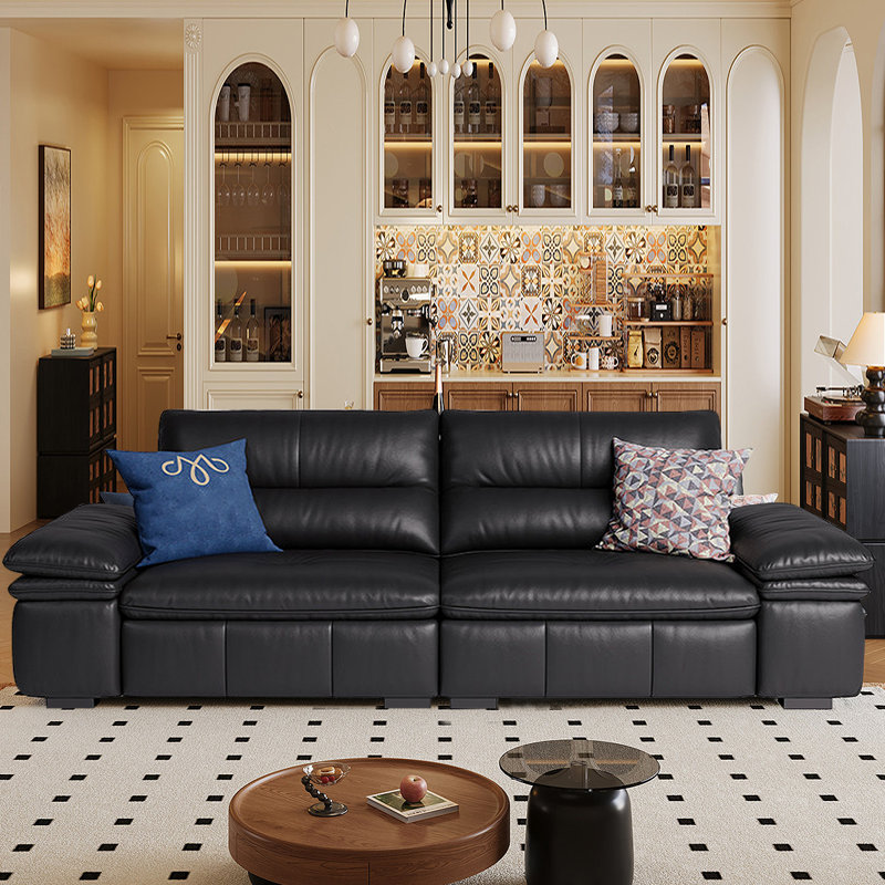 Black Genuine Leather Modular Sofa cushion Threeseat, 36.61" H x 90.55" W x 41.34" D, Black