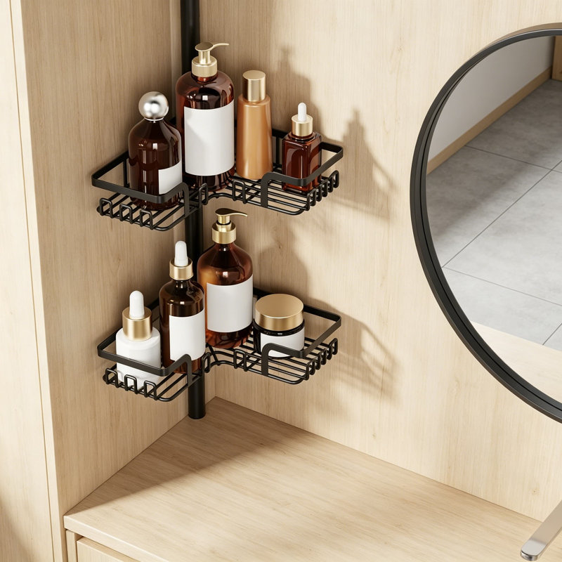 Serviteur de douche à barre de tension avec porte-serviettes et crochets, organisateur de douche de plancher à plafond réglable de 25 à 114 pouces, tablettes de coin à 4 niveaux pour le rangement et la suspension, noir mat