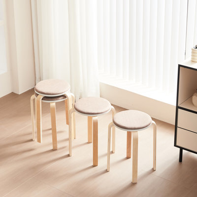 Coffee - Toned Of 4 Stackable Round Backless Stools Made Solid Wood, Suitable For Dining, Kitchen And Classroom, With Legs Rounded Corners Using Dining Room, Educational Spaces, Stable