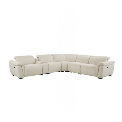 Beige Boucle Power Recliner Sectional Sofa For 5 People With Cupholder Console & Adjustable Headrest