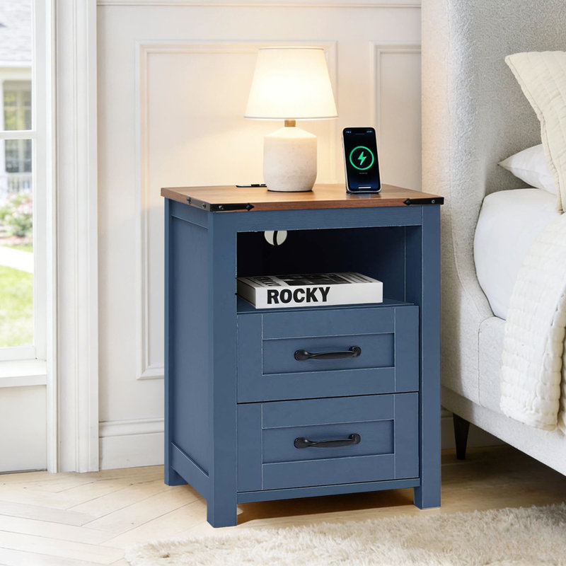 Nightstand Set Of 2 With Charging Station,Side Table With 2 Drawers Storage Cabinet For Bedroom, Living Room, Blue, 2