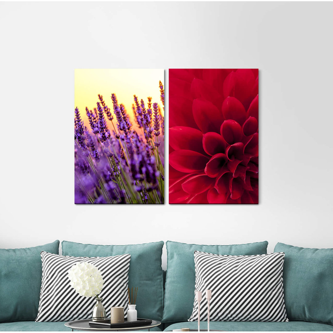 2-tlg. Leinwandbilder-Set - Grafikdruck „Dahlia Red Blossom Lavender Field Summer Sun Flowers”