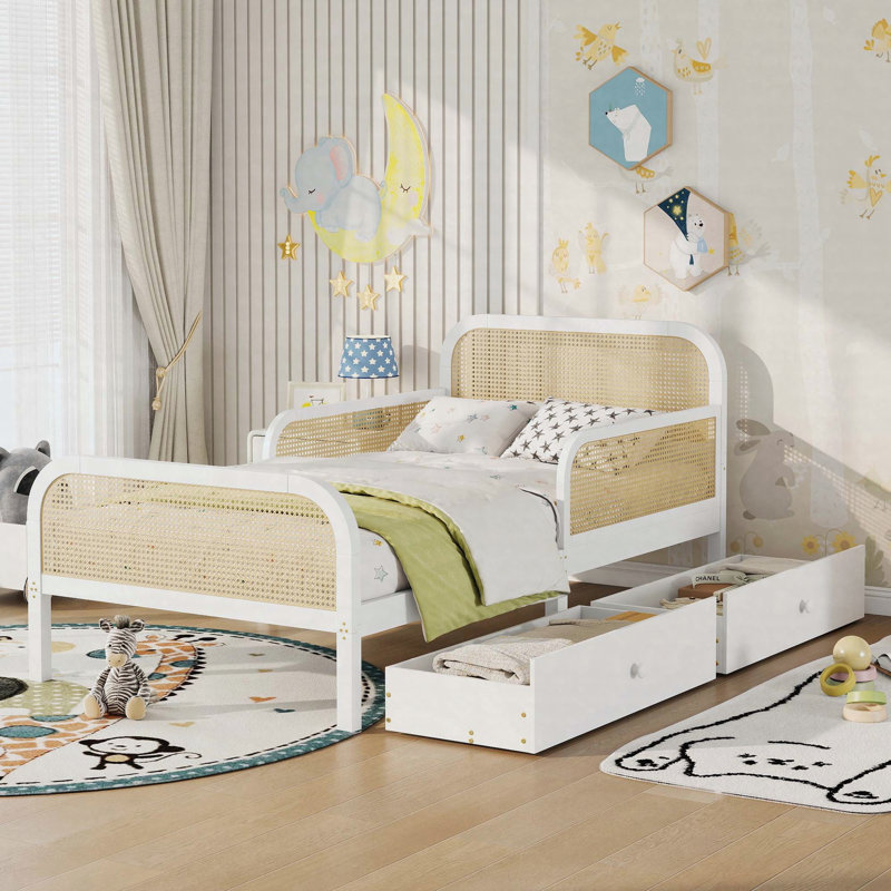 Structure de lit plateforme simple avec 2 tiroirs de rangement, lit en rotin pour enfants avec tête et pied de lit, blanc