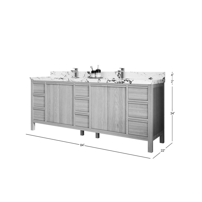 Elizabeth White Oak 84 In. W X 22 In. D Double Sink Bathroom Vanity With 2 In. Quartz, Calacatta Gold