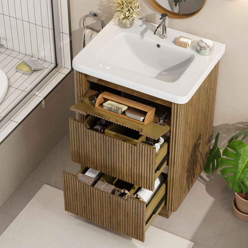 24" Single Bathroom Vanity With Fluted Panel Design And  Ceramic Sink, Brown