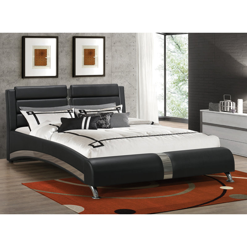 Black Vegan Leather Queen Sleigh Bed with Upholstered Headboard
