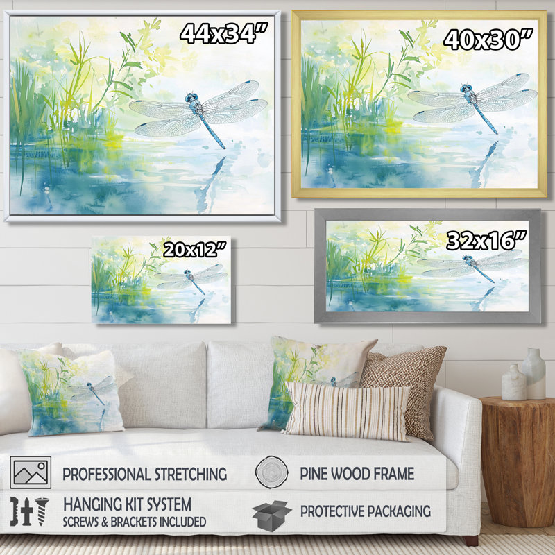 Dragonfly By The River I - Dragonfly Canvas Print, Gold, Floater Framed Print without Mat, 34" H x 44" W