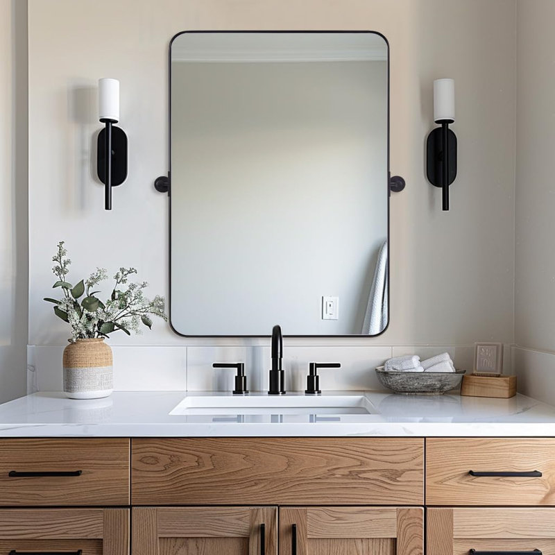 Miroir de salle de bain mural moderne inclinable | Cadre pivotant en acier inoxydable, Noir mat, 34 po x 22 po