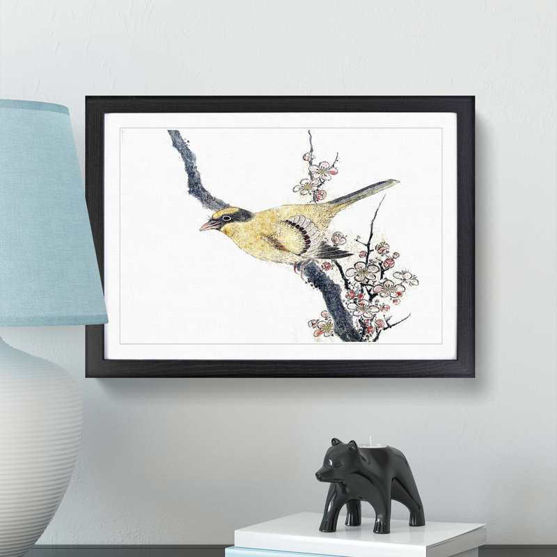 Bird on a Branch by Katsushika Hokusai - Picture Frame Painting Print, 36cm H x 48cm W x 2cm D, Black Framed