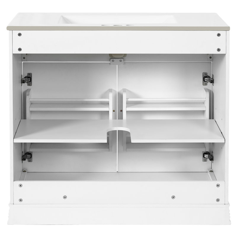 Meuble-lavabo moderne 35,02 po avec lavabo en céramique, mécanisme de fermeture en douceur et organisateur de porte d'armoire en bois massif renforcé, 2 portes, tablettes à trous multiples