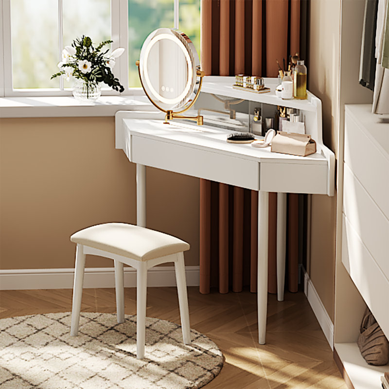 Coiffeuse de maquillage avec miroir à trois volets DEL, tiroir et tabouret