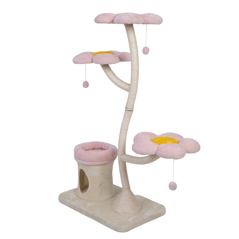 Tour à chat multi-niveaux à thème floral pour chats d'intérieur, comprenant un arbre beige rose, un noyau suspendu et une tige stable avec base stable, 3 plateformes, tubes métalliques enveloppés
