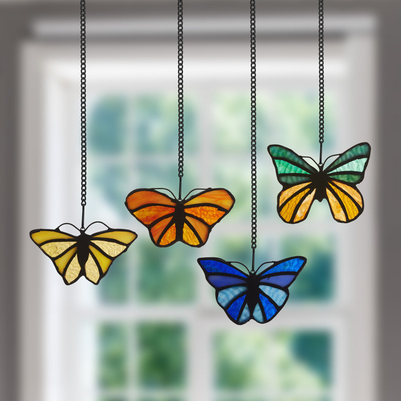 3.2"H Butterfly Kaleidoscope Stained Glass Window Panel Set
