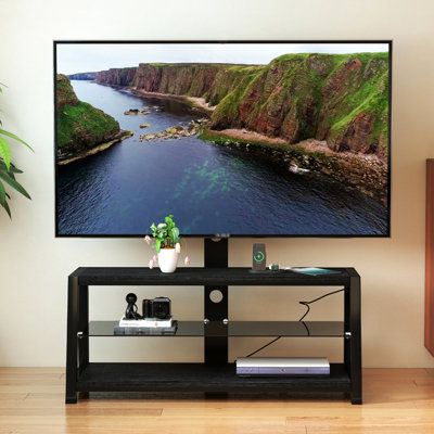 Support à 3 niveaux en verre trempé noir et télé, pivotant réglable en hauteur, compatible avec les téléviseurs de 32 po et 65 po, capacité de 180 lb, support de rangement réglable pour la gestion des fils