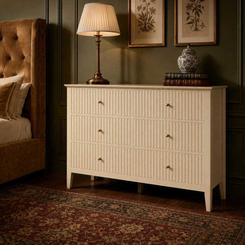 Commode 6 tiroirs 47,2 "avec façades cannelées, Beige