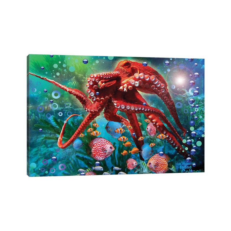 Red Octopus by David Loblaw - Print on Canvas, Wrapped Canvas, 30.48cm H x 45.72cm W x 1.91cm D