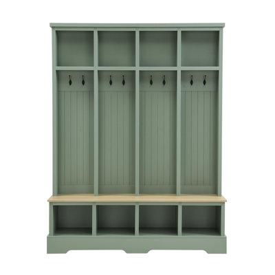 Farmhouse Wide Hall Tree with 8 Hooks, Practical Entryway Bench with Open Compartments