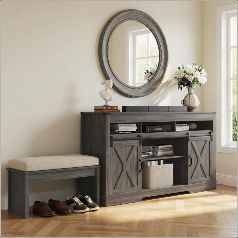 Meuble télé 58 po avec portes de grange coulissantes et rangement pour téléviseurs de 65 po et plus