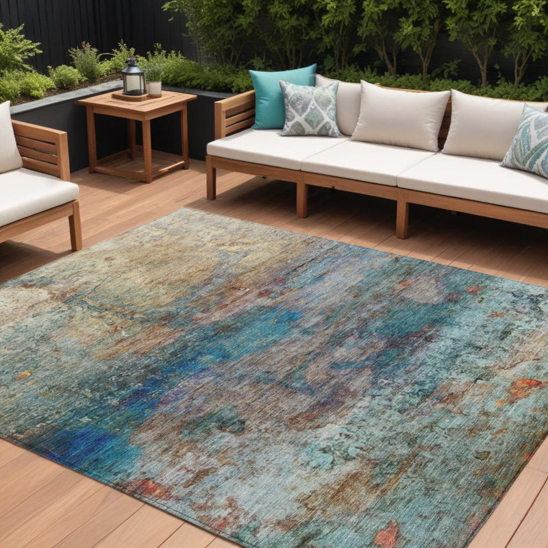 Tapis extérieur lavable abstrait bleu sarcelle et orange 8 pi x 10 pi bleu sarcelle