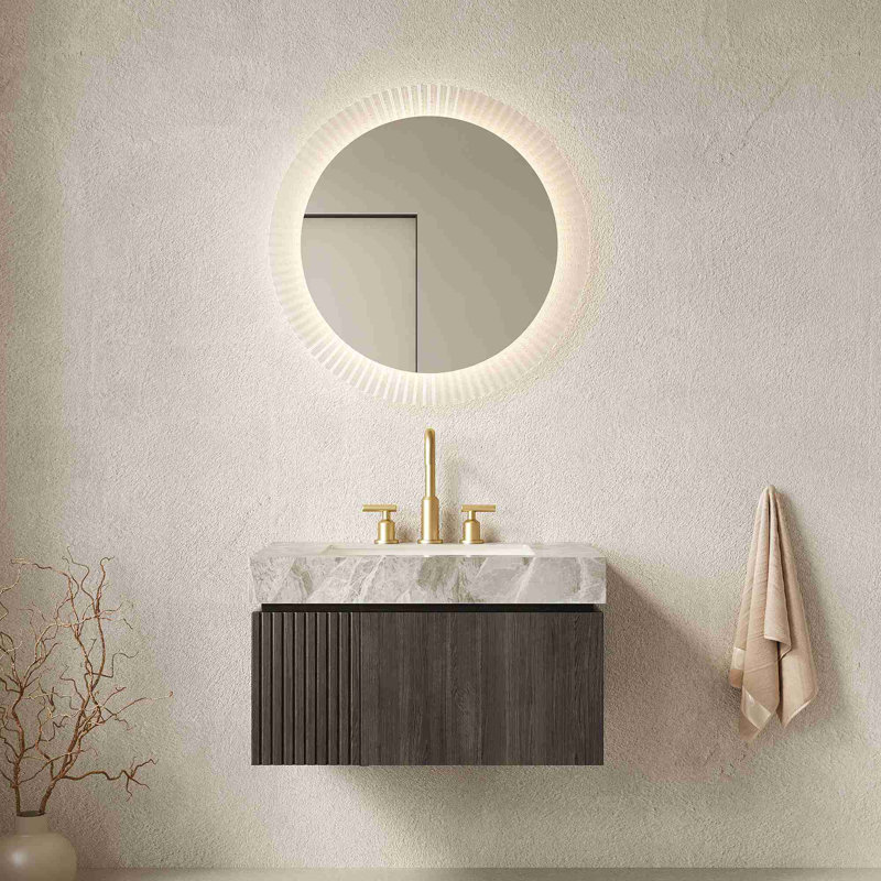 Meuble-lavabo flottant moderne avec plateau en pierre frittée, Espresso, 30", Gris clair