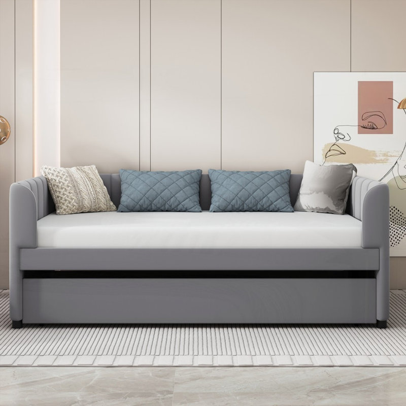Lit de jour simple rembourré avec dossier ergonomique Lit gigogne simple, aucun sommier requis, gris, gris