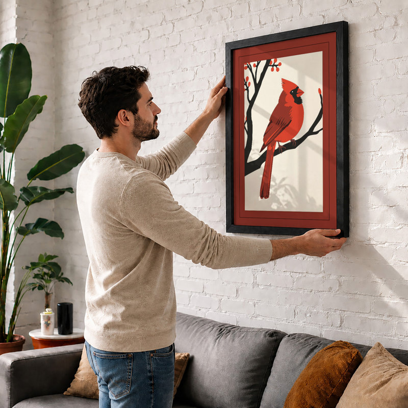 Cardinal at Rest Japandi - Framed Print, A4 - 29.7 x 21.0 cm, Unframed