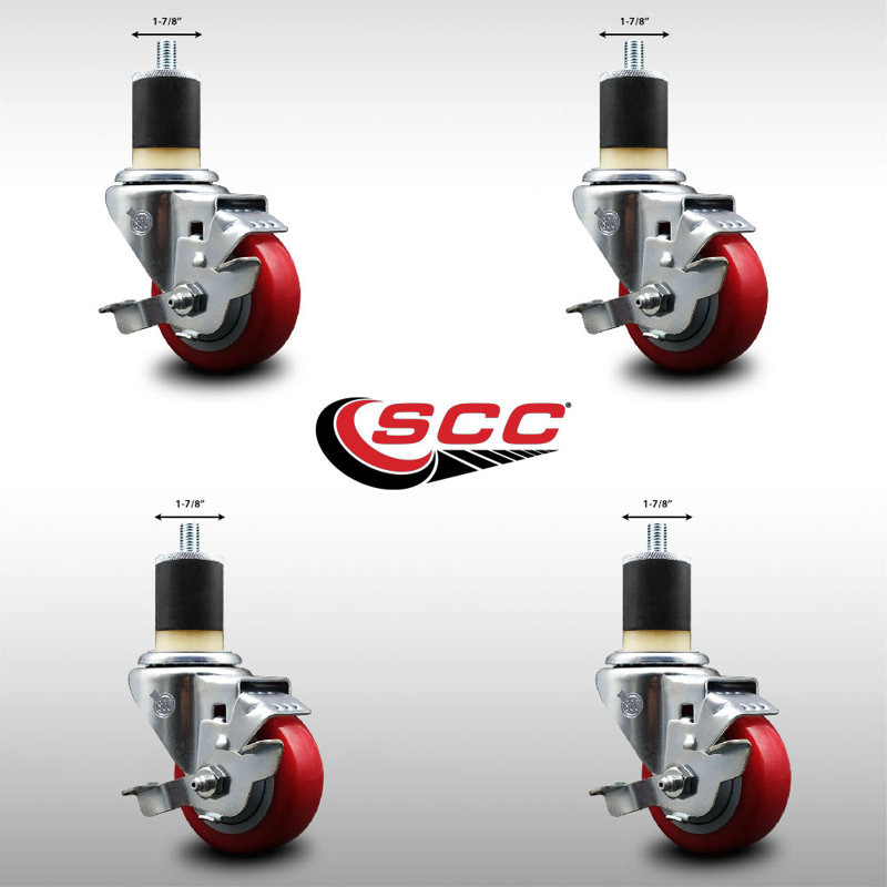 Ensemble de roulettes extensibles en polyuréthane pivotant de 3 po à 1/7 de 8 po avec frein SCC, Rouge
