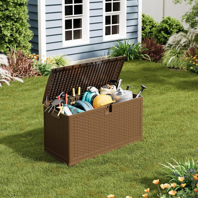 73 Gallon Waterproof Outdoor Deck Storage Box – Resin Organizer for Patio, Garden, Pool – Stores Cushions, Tools, Equipment – Black, Imitation Rattan