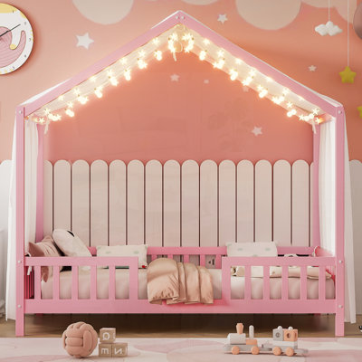 Lit sur pied avec auvent Montessori, cadre de lit simple pour enfants, lit pour tout-petit en forme de maison avec balustrades hautes et toit