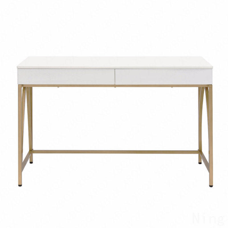 Bureau 2 tiroirs avec base à tréteaux en métal, blanc brillant et doré