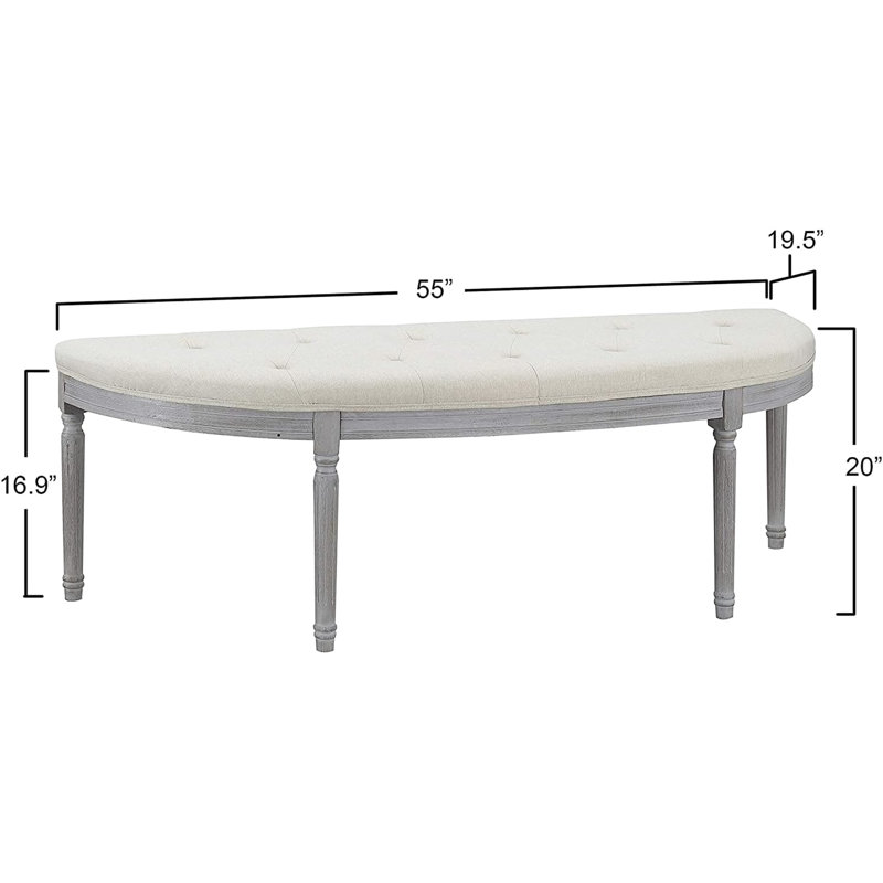 Beige Coastal Button Upholstered Bench With Weathered Gray Legs, Half Crescent Design For Space Optimization In Foyers, Structure, Easy To Clean, Requires Assembly, American Look, 55 Depth Shape -