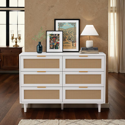 43.31"6-Drawers Rattan Natural Rattan 6-Drawer Dresser,Wooden Design Storage Cabinet Rattan Drawer(White)