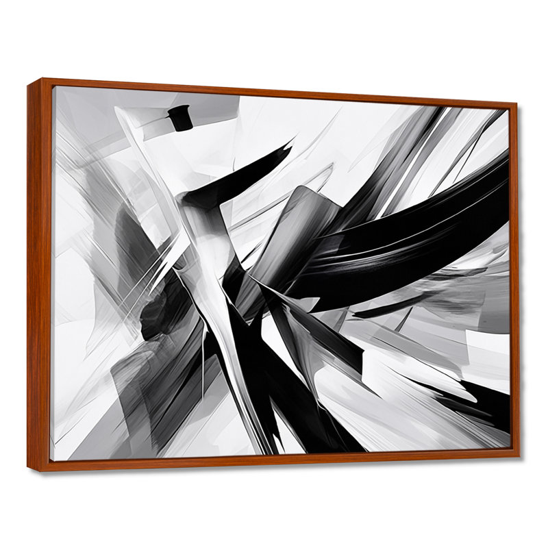 Abstrait abstrait vagues noires et blanches - Formes abstraites encadrées, Toile avec cadre flottant brun