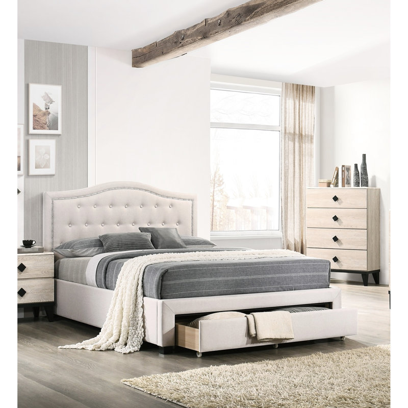 Lit en tissu de jute brun, lit double avec tête de lit et tiroir de rangement, chambre à coucher au design moderne