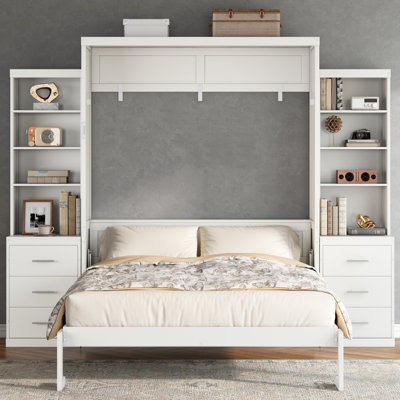 Queen Size Murphy Bed with Storage Shelves and Drawers, Whie