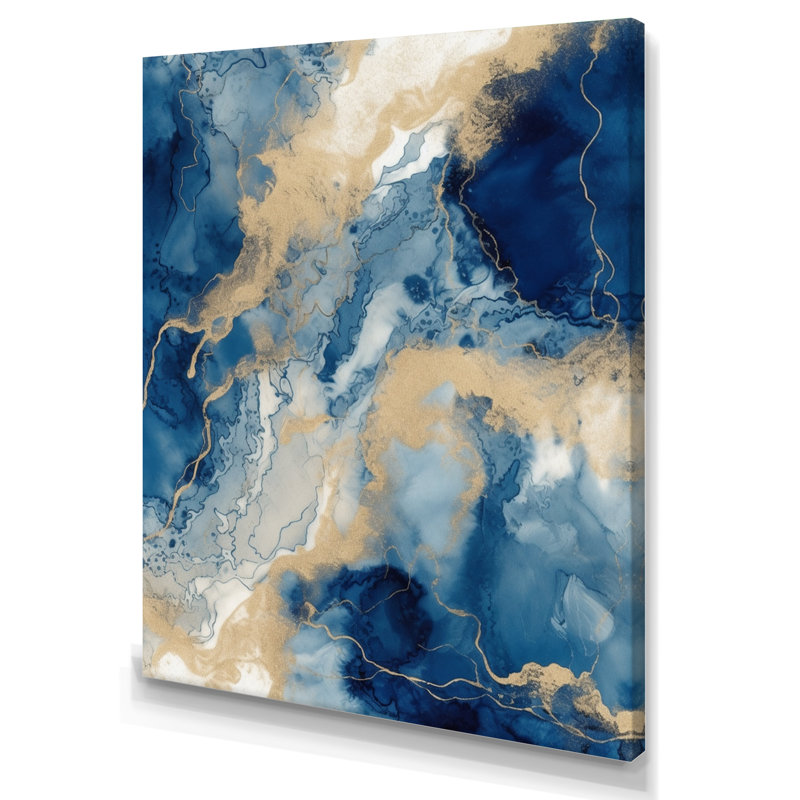 Bleu et blanc, art abstrait liquide III - Art abstrait à l'encre liquide, H 44 po x l 34 po x P 1,5 po, Toile tendue