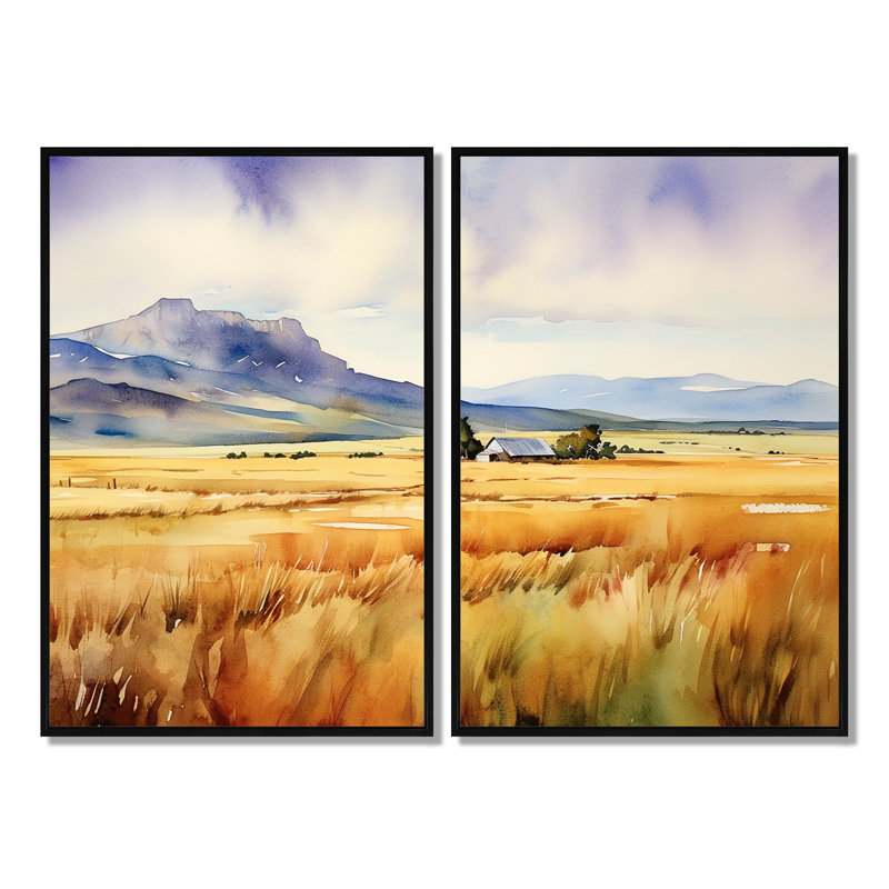 Wyoming Yellow Prairies - Green Modern Wall Art 2-Panels, Noir, H 36 po x l 48 po, Reproduction encadrée sans passe-partout