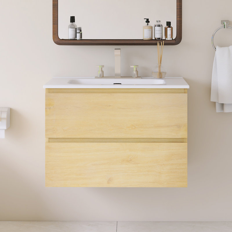 Wall Mounted Single Bathroom Vanity With White Ceramic Integrated Top, 30", Oak